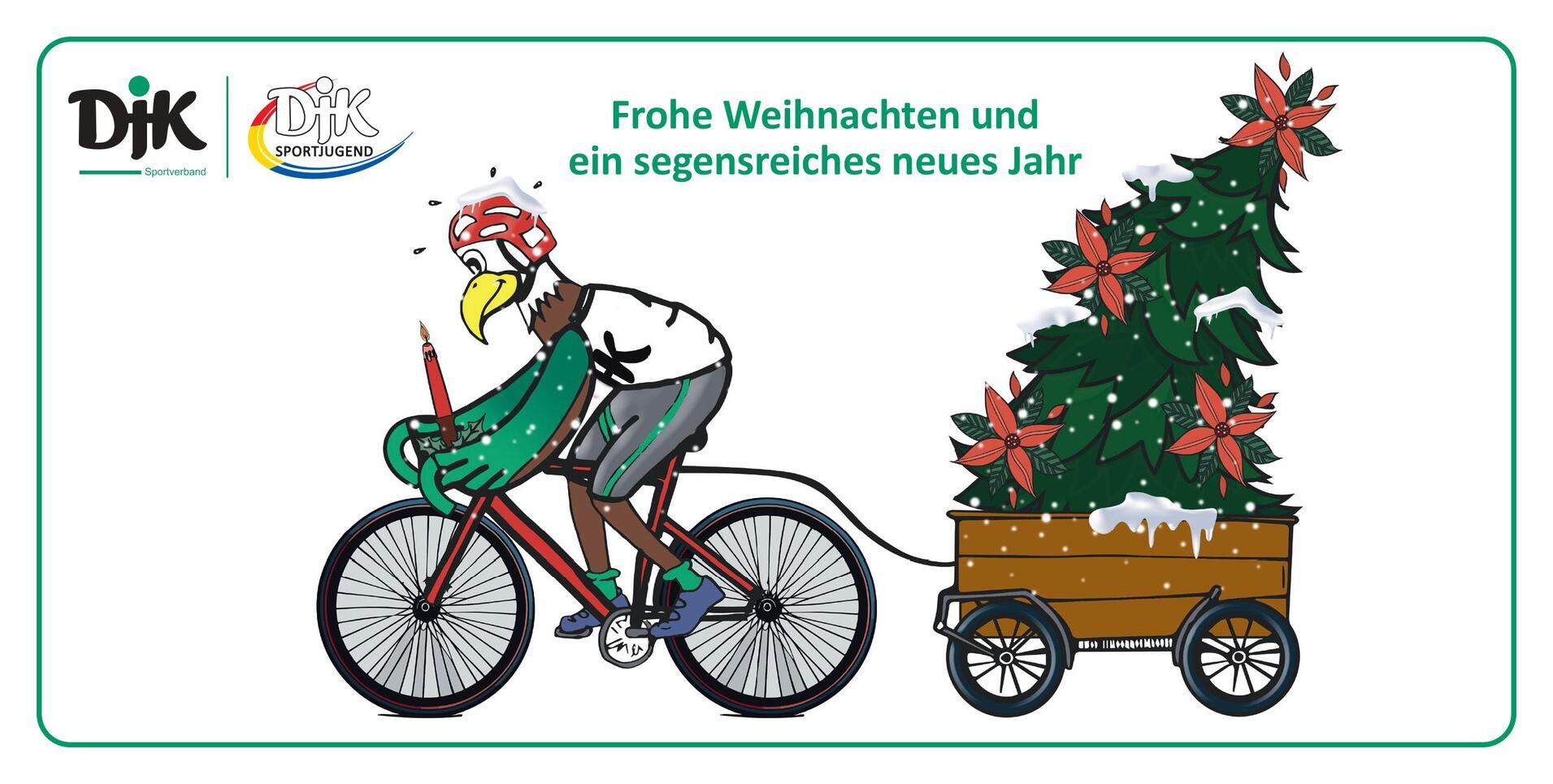 Comicfigur mit Fahrrad zieht einen Weihnachtsbaum in einem Wagen, umgeben von festlicher Schrift: "Frohe Weihnachten."