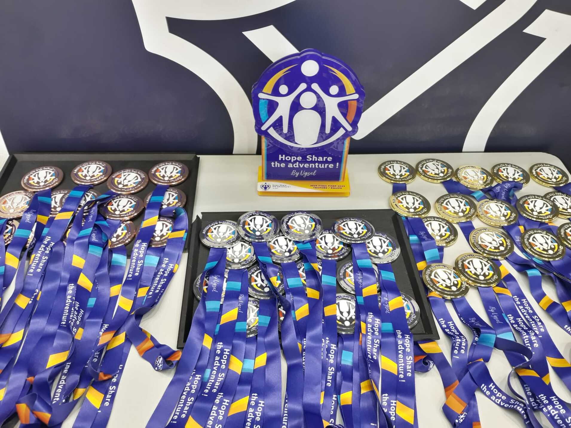 Troph&auml;en und Medaillen mit blauen B&auml;ndern auf einem Tisch vor einem einfarbigen Hintergrund.