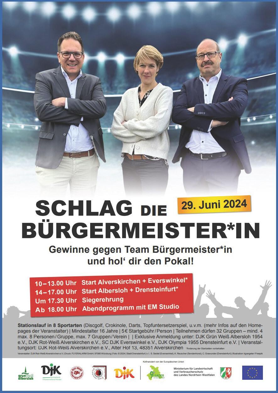 Plakat f&uuml;r das Event &bdquo;Schlag die B&uuml;rgermeister*in&ldquo; mit Informationen zu Datum, Uhrzeiten und Sportarten.