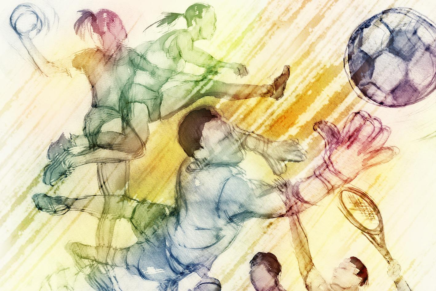 Abstrakte Darstellung mehrerer Sportler in Aktion, einschlie&szlig;lich Fu&szlig;ball, Tennis und Basketball, in lebendigen Farben.