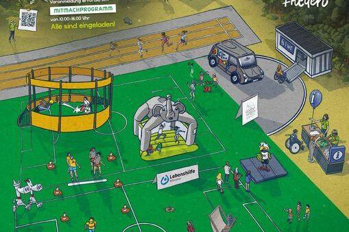 Illustration der Friedenspiele in M&uuml;nster mit Sportfl&auml;chen, Aktivit&auml;ten und Teilnehmern in einer Au&szlig;enanlage.