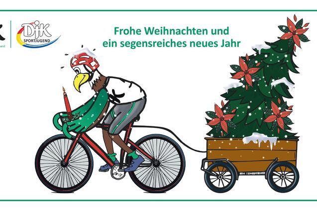 Comicfigur mit Fahrrad zieht einen Weihnachtsbaum in einem Wagen, umgeben von festlicher Schrift: "Frohe Weihnachten."