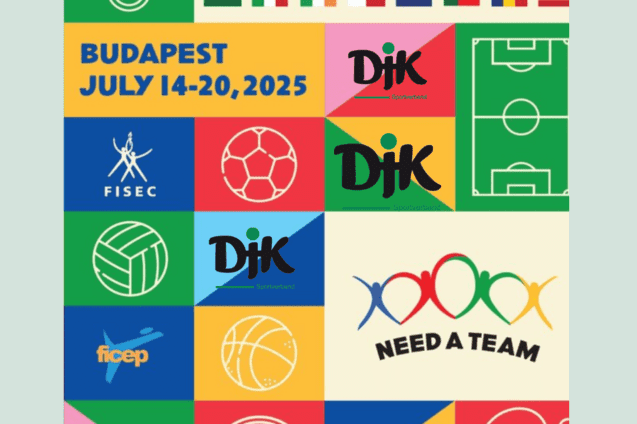 Plakat der 75. FISEC-FICEP Spiele mit Farbfl&auml;chen, Symbolen, Logos und Daten f&uuml;r Budapest, 14.-20. Juli 2025.