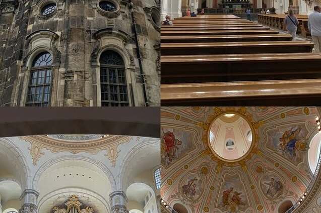 Vielf&auml;ltige Ansichten einer Kirche: Au&szlig;enansicht, Innenraum mit B&auml;nken, Orgel und geschm&uuml;ckter Kuppel.