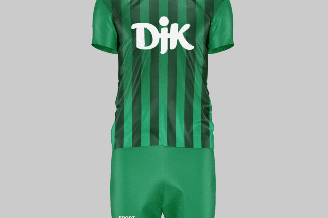 Gr&uuml;nes Fu&szlig;balltrikot mit wei&szlig;en Streifen und Logo, erg&auml;nzt durch passende gr&uuml;ne Shorts.