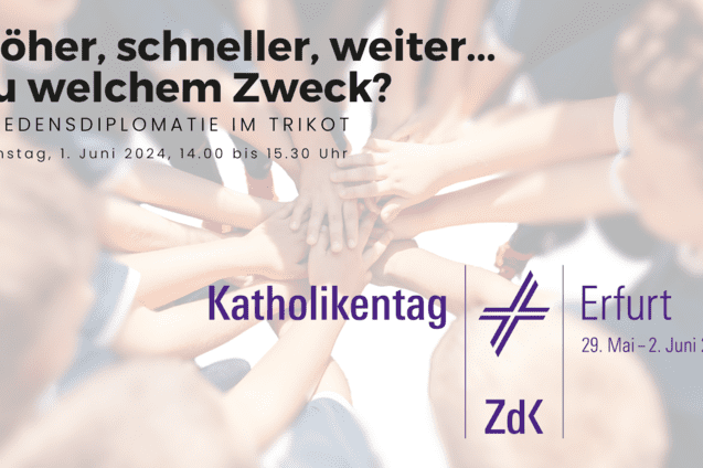 H&auml;nde verschiedener Personen in einem Kreis, &uuml;berlagert von Text zum Katholikentag 2024 in Erfurt und Veranstaltungshinweisen.