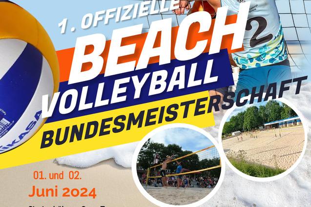 Plakat f&uuml;r die 1. offizielle Beachvolleyball Bundesmeisterschaft mit Details zu Terminen und Teilnahmebedingungen.