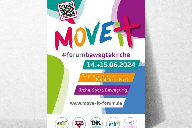 Poster f&uuml;r das MOVE IT Forum 2024 mit Informationen zu Datum, Ort und Themen in bunten Farben und einem QR-Code.