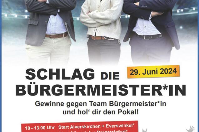 Plakat f&uuml;r das Event &bdquo;Schlag die B&uuml;rgermeister*in&ldquo; mit Informationen zu Datum, Uhrzeiten und Sportarten.