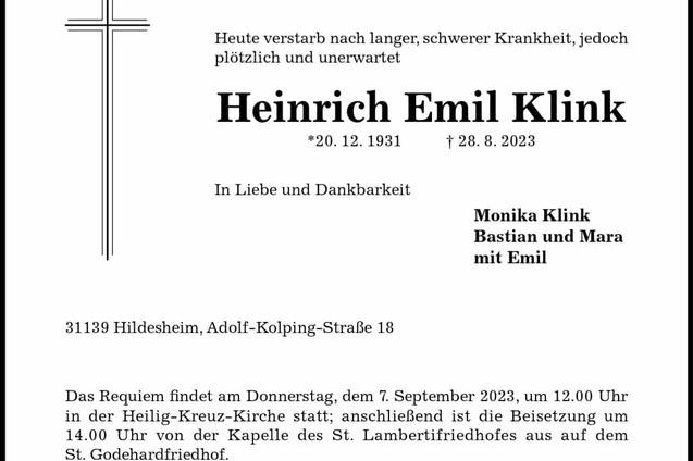 Sterbeanzeige f&uuml;r Heinrich Emil Klink, mit Daten zur Beerdigung in Hildesheim und einem Kreuzsymbol.