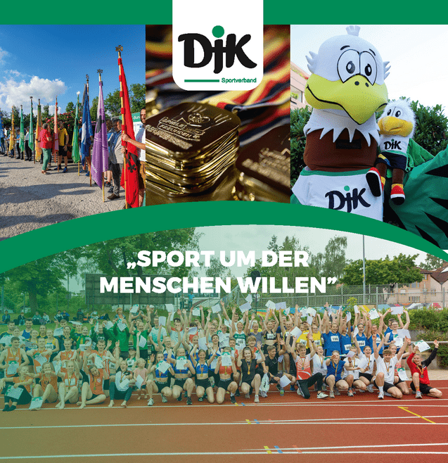 Logo des DJK Sportverbands mit Bildern von Flaggen, Medaillen, einem Maskottchen und einer Sportveranstaltung. Slogan unten: &bdquo;Sport um der Menschen willen.&ldquo;