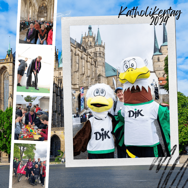 Zwei Maskottchen in Kost&uuml;men stehen vor der Kulisse eines historischen Geb&auml;udes beim Katholikentag 2024.