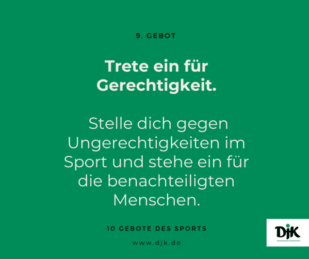 Gr&uuml;ner Hintergrund mit dem Text: &bdquo;Trete ein f&uuml;r Gerechtigkeit. Stelle dich gegen Ungerechtigkeiten im Sport ein.&ldquo;