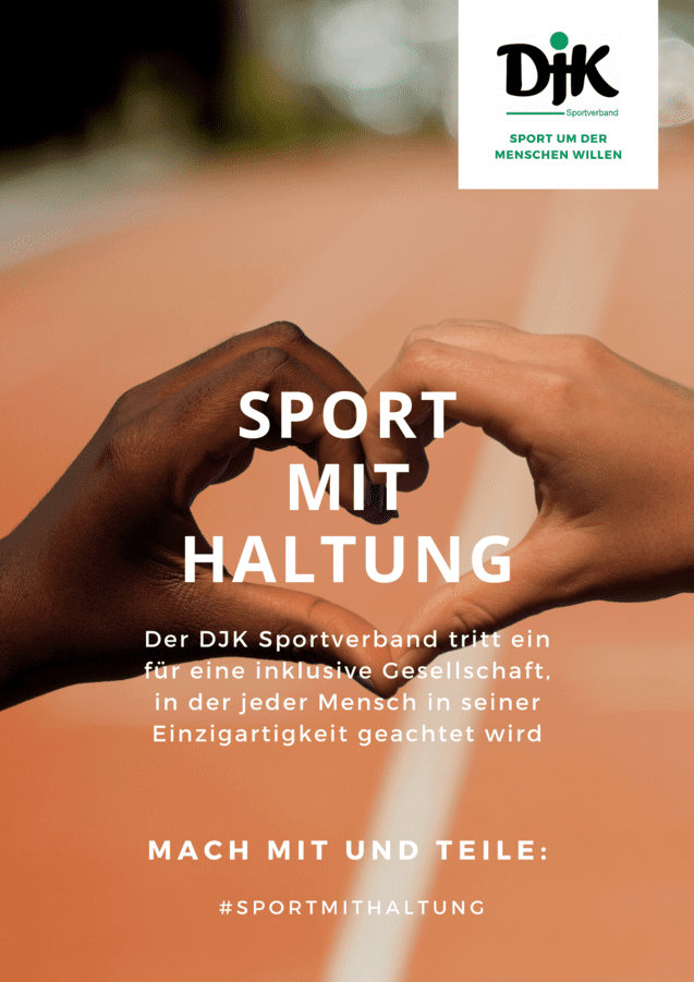 H&auml;nde in unterschiedlichen Hautt&ouml;nen formen ein Herz auf einer Laufbahn, mit dem Text &bdquo;Sport mit Haltung&ldquo; dar&uuml;ber.