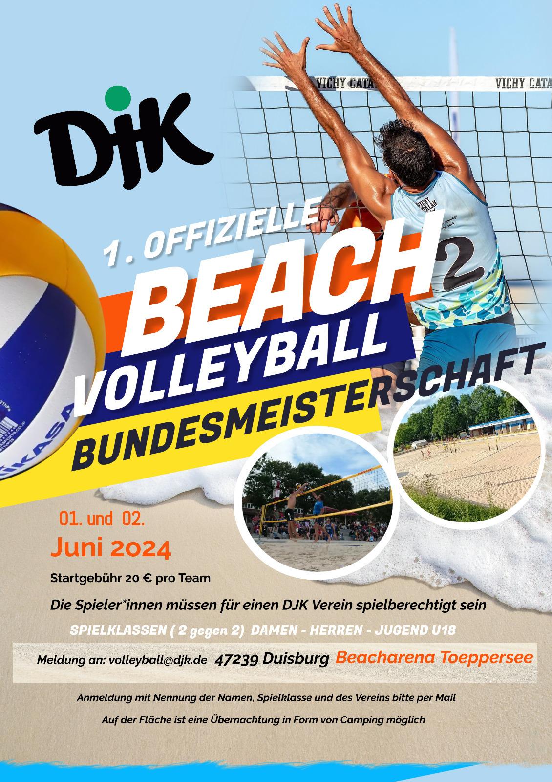 Plakat f&uuml;r die 1. offizielle Beachvolleyball Bundesmeisterschaft mit Details zu Terminen und Teilnahmebedingungen.