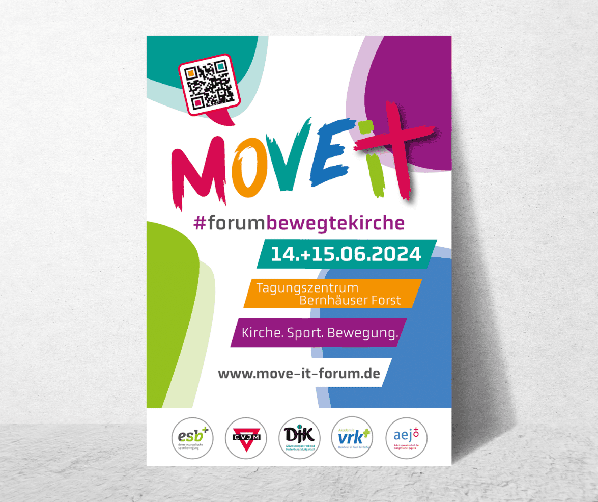 Poster f&uuml;r das MOVE IT Forum 2024 mit Informationen zu Datum, Ort und Themen in bunten Farben und einem QR-Code.