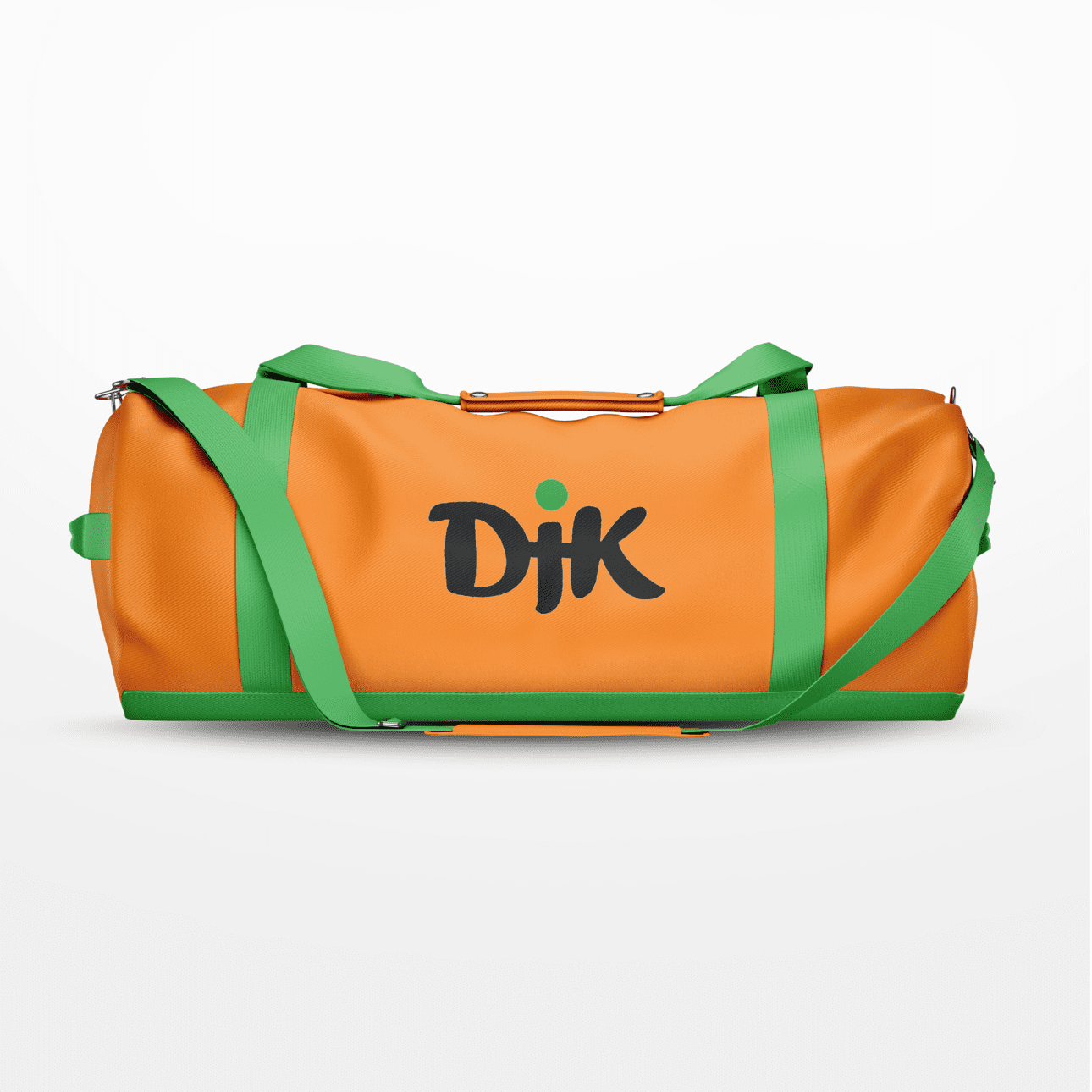 Sporttasche in Orange mit gr&uuml;nem Schultergurt und schwarzem Logo "DJK" auf der Vorderseite.
