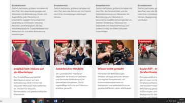 Screenshot einer Webseite mit Informationen zu verschiedenen Projekten und Angeboten f&uuml;r Menschen mit Behinderungen.