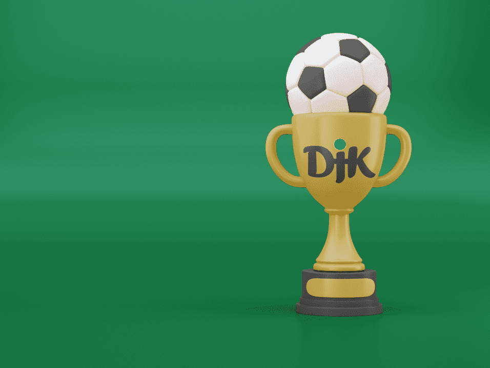 Goldener Pokal mit einem Fu&szlig;ball darauf, vor einem gr&uuml;nen Hintergrund, mit der Aufschrift "DJK".