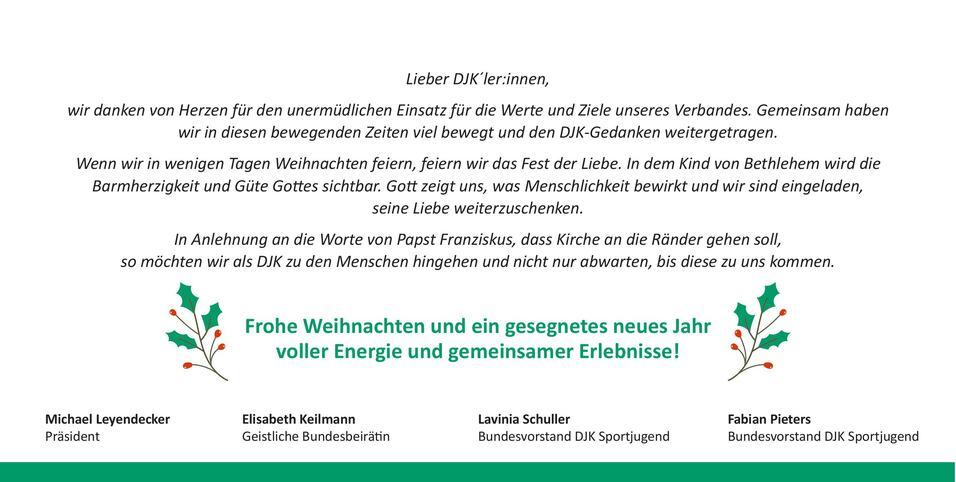 Wei&szlig;er Hintergrund mit Weihnachtsgr&uuml;&szlig;en und Dankesworte des DJK-Verbandes, unterzeichnet von vier Personen.