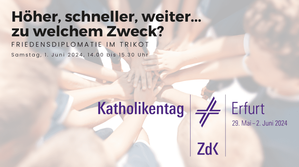 H&auml;nde verschiedener Personen in einem Kreis, &uuml;berlagert von Text zum Katholikentag 2024 in Erfurt und Veranstaltungshinweisen.