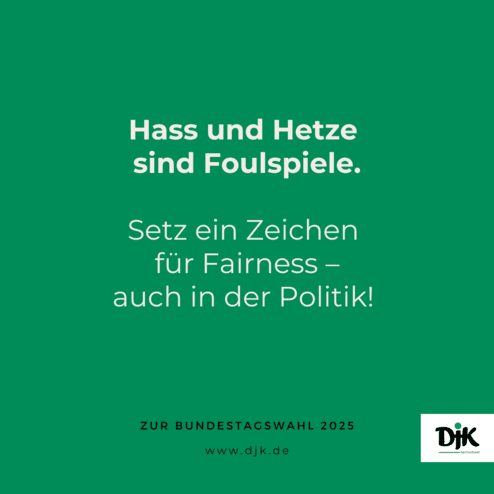 Gr&uuml;ne Plakatgestaltung mit dem Text: "Hass und Hetze sind Foulspiele. Setz ein Zeichen f&uuml;r Fairness &ndash; auch in der Politik!"