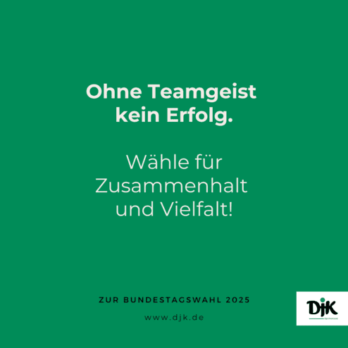 Spruch auf gr&uuml;nem Hintergrund: &bdquo;Ohne Teamgeist kein Erfolg. W&auml;hle f&uuml;r Zusammenhalt und Vielfalt! Zur Bundestagswahl 2025.&ldquo;