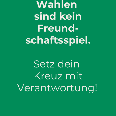 Plakat mit gr&uuml;nem Hintergrund und dem Text &bdquo;Wahlen sind kein Freundschaftsspiel. Setz dein Kreuz mit Verantwortung!&ldquo;.