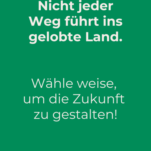 Text auf gr&uuml;nem Hintergrund: &bdquo;Nicht jeder Weg f&uuml;hrt ins gelobte Land. W&auml;hle weise, um die Zukunft zu gestalten! Zur Bundestagswahl 2025.&ldquo;