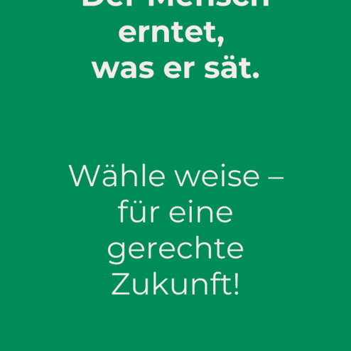 Gr&uuml;ne Plakatgestaltung mit den Worten: "Der Mensch erntet, was er s&auml;t. W&auml;hle weise &ndash; f&uuml;r eine gerechte Zukunft!"
