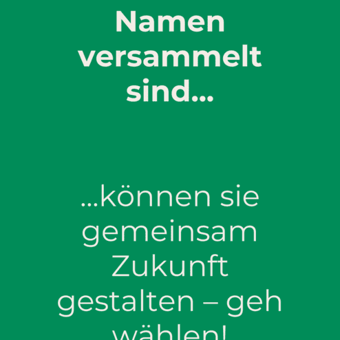 Gr&uuml;ner Hintergrund mit Text zur Bundestagswahl 2025: Einladung zur Mitgestaltung und Wahlbeteiligung. DJK-Logo unten rechts.
