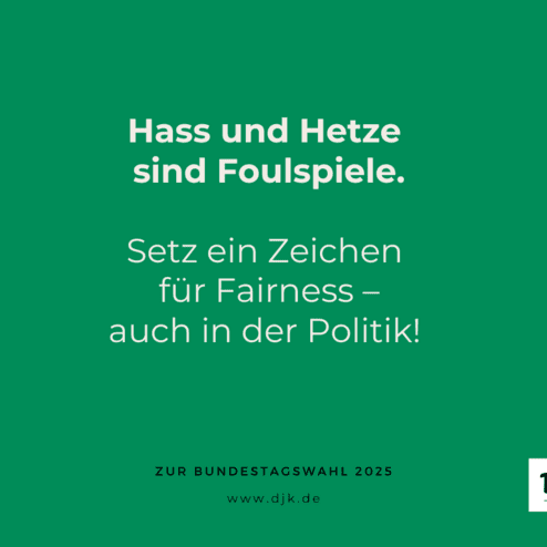 Botschaft auf gr&uuml;nem Hintergrund: "Hass und Hetze sind Foulspiele. Setz ein Zeichen f&uuml;r Fairness in der Politik! Zur Bundestagswahl 2025."