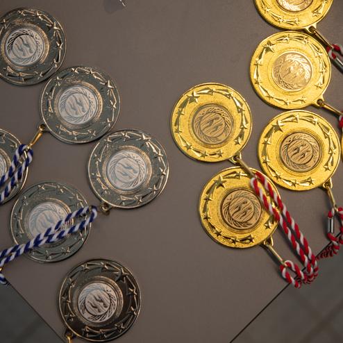 Reihe von Medaillen: silberne und goldene Medaillen mit bunten B&auml;ndern auf einem Tisch.