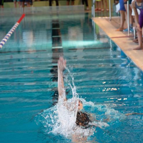 Schwimmer taucht mit einem Arm ins Wasser, w&auml;hrend Zuschauer am Beckenrand stehen.