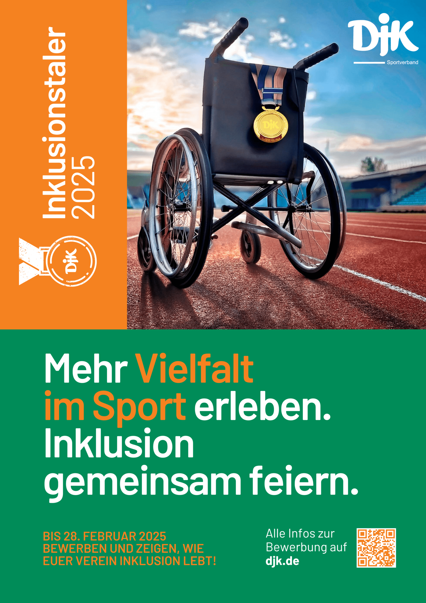 Rollstuhl mit Medaille auf einer Laufbahn, erg&auml;nzt durch den Slogan zur Vielfalt und Inklusion im Sport.