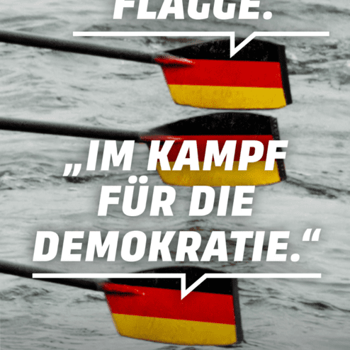 Ruderbl&auml;tter mit deutscher Flagge auf Wasser, begleitet von Texten zu Demokratie und Sport.