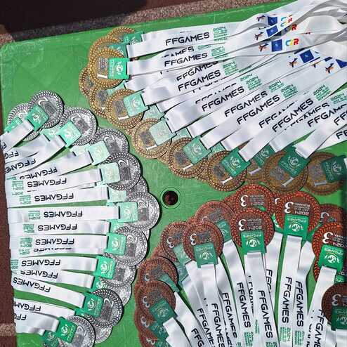 Sammlung von Medaillen in Gold, Silber und Bronze mit gr&uuml;nen B&auml;ndern auf einer gr&uuml;nen Unterlage.