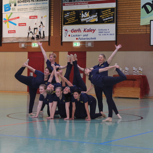 Gruppe von M&auml;dchen in Sportbekleidung, die eine Tanzformation in einer Turnhalle pr&auml;sentieren.