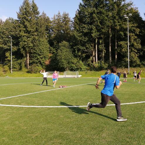 Gruppe von Jugendlichen spielt Fu&szlig;ball auf einem Rasenplatz, umgeben von B&auml;umen und einem klaren Himmel.