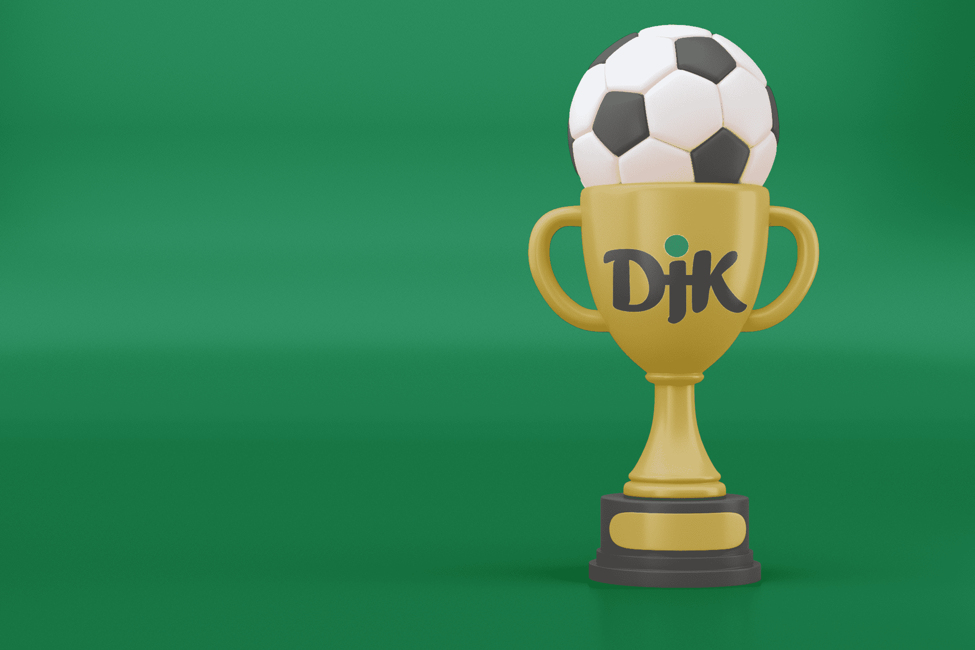 Goldener Pokal mit einem Fu&szlig;ball darauf, vor einem gr&uuml;nen Hintergrund, mit der Aufschrift "DJK".