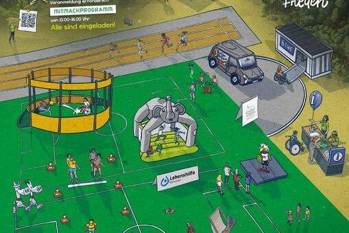 Illustration der Friedenspiele in M&uuml;nster mit Sportfl&auml;chen, Aktivit&auml;ten und Teilnehmern in einer Au&szlig;enanlage.