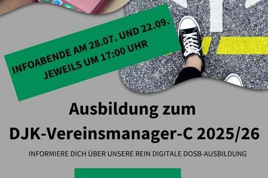 Plakat zur DJK-Vereinsmanager-C Ausbildung 2025/26 mit Infos zu Infoabenden und Kontaktm&ouml;glichkeiten.