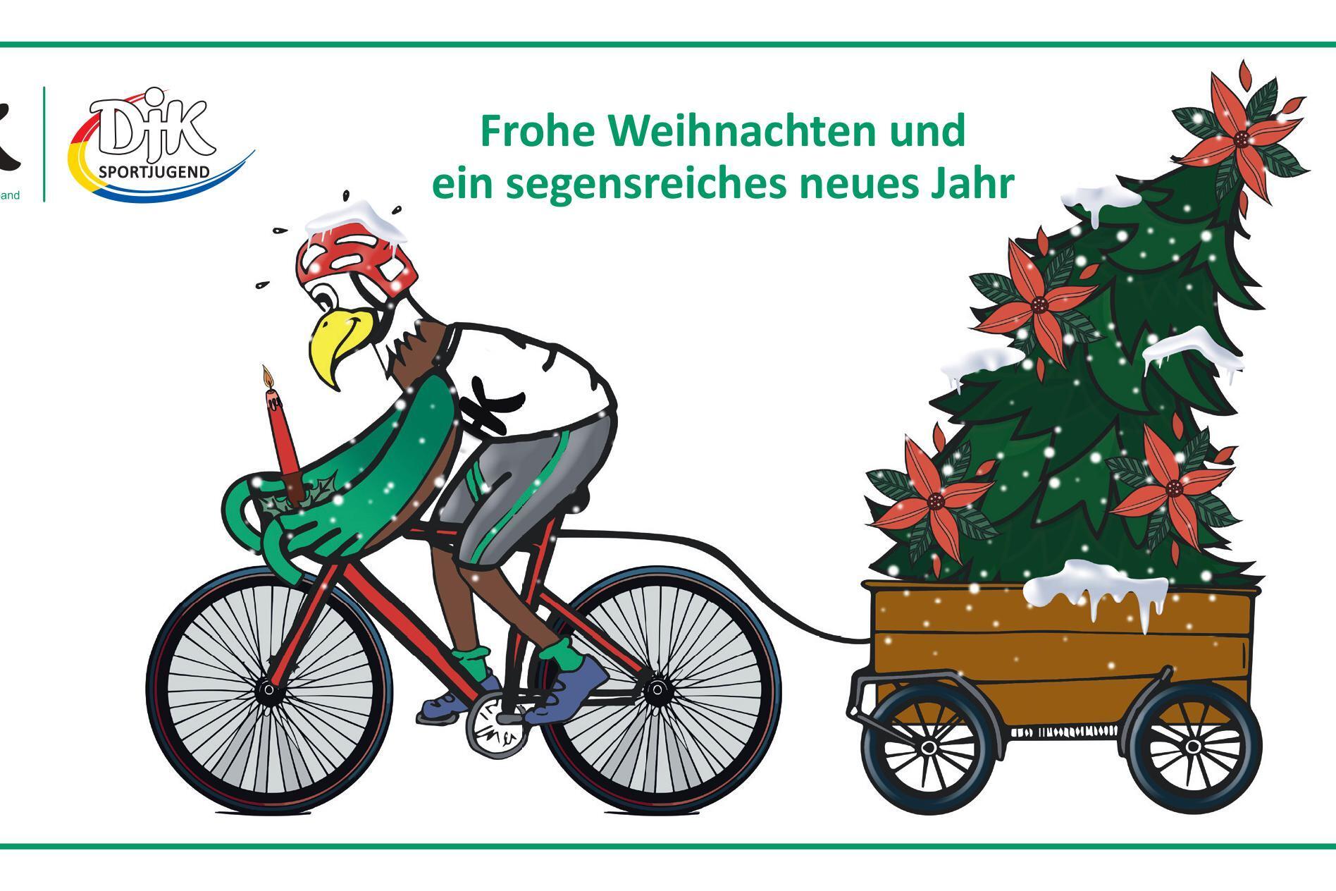Comicfigur mit Fahrrad zieht einen Weihnachtsbaum in einem Wagen, umgeben von festlicher Schrift: "Frohe Weihnachten."