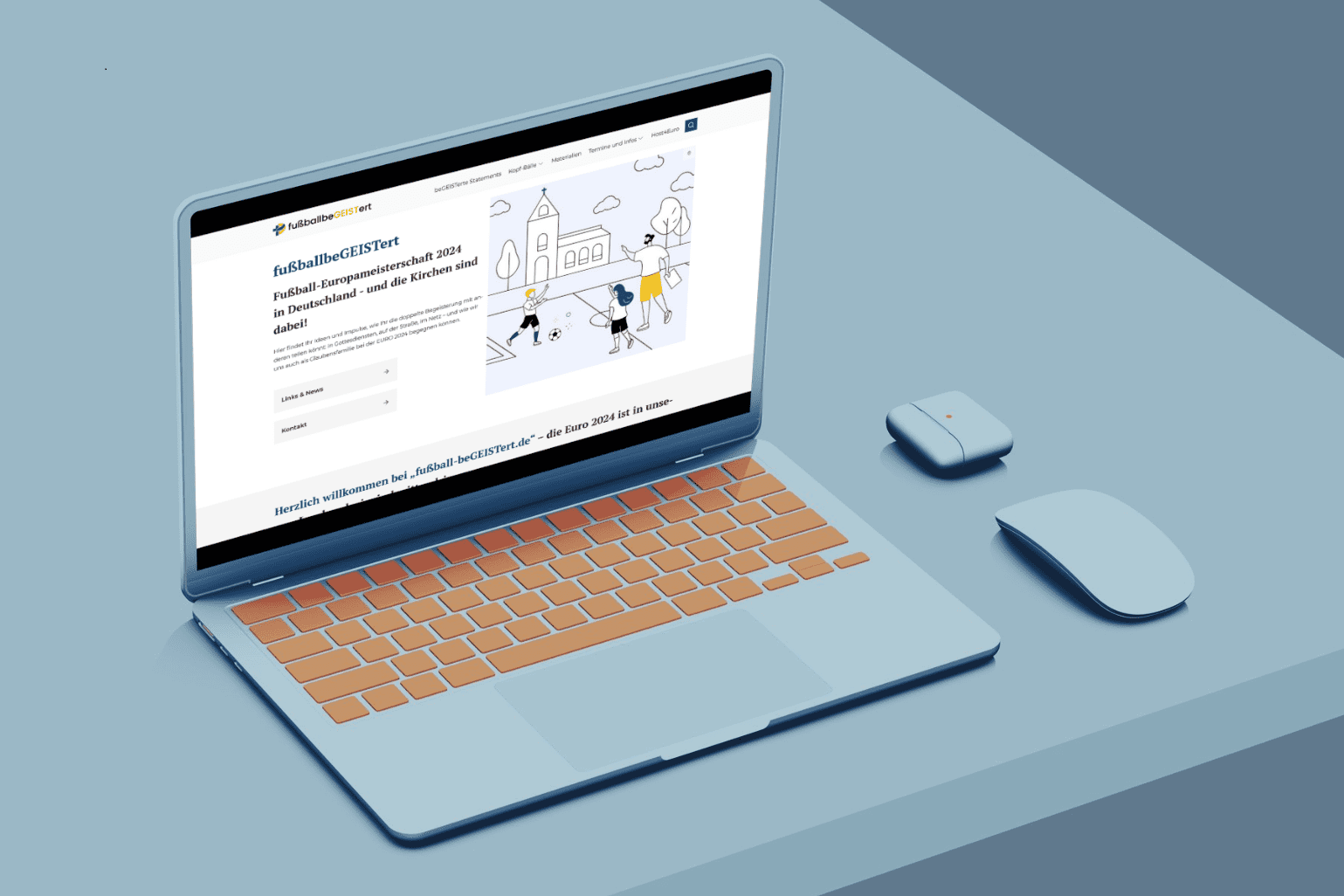 Nahaufnahme eines Laptops mit einer offenen Webseite und einer Maus auf einem blauen Tisch.