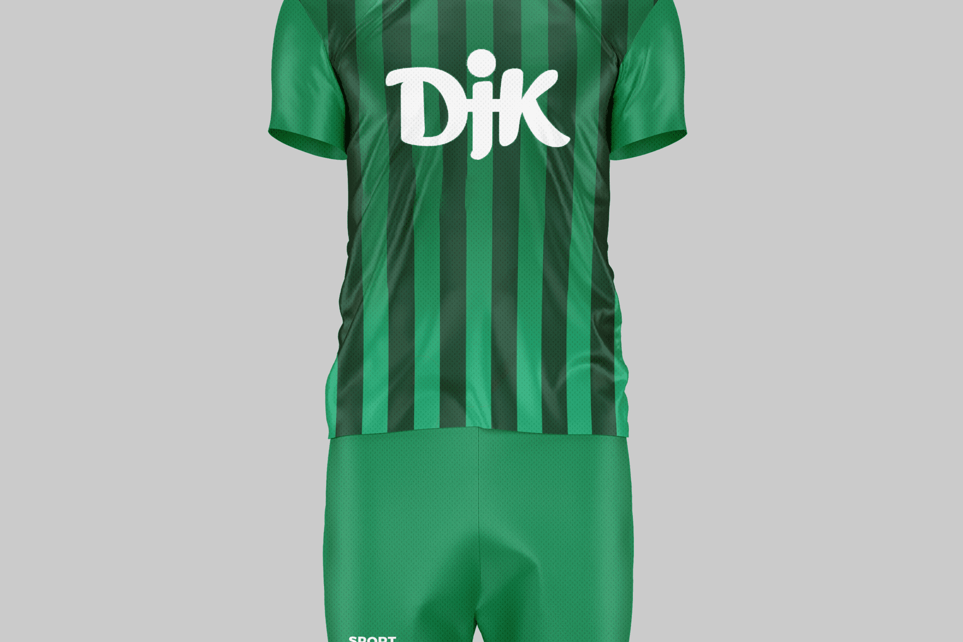 Gr&uuml;nes Fu&szlig;balltrikot mit wei&szlig;en Streifen und Logo, erg&auml;nzt durch passende gr&uuml;ne Shorts.