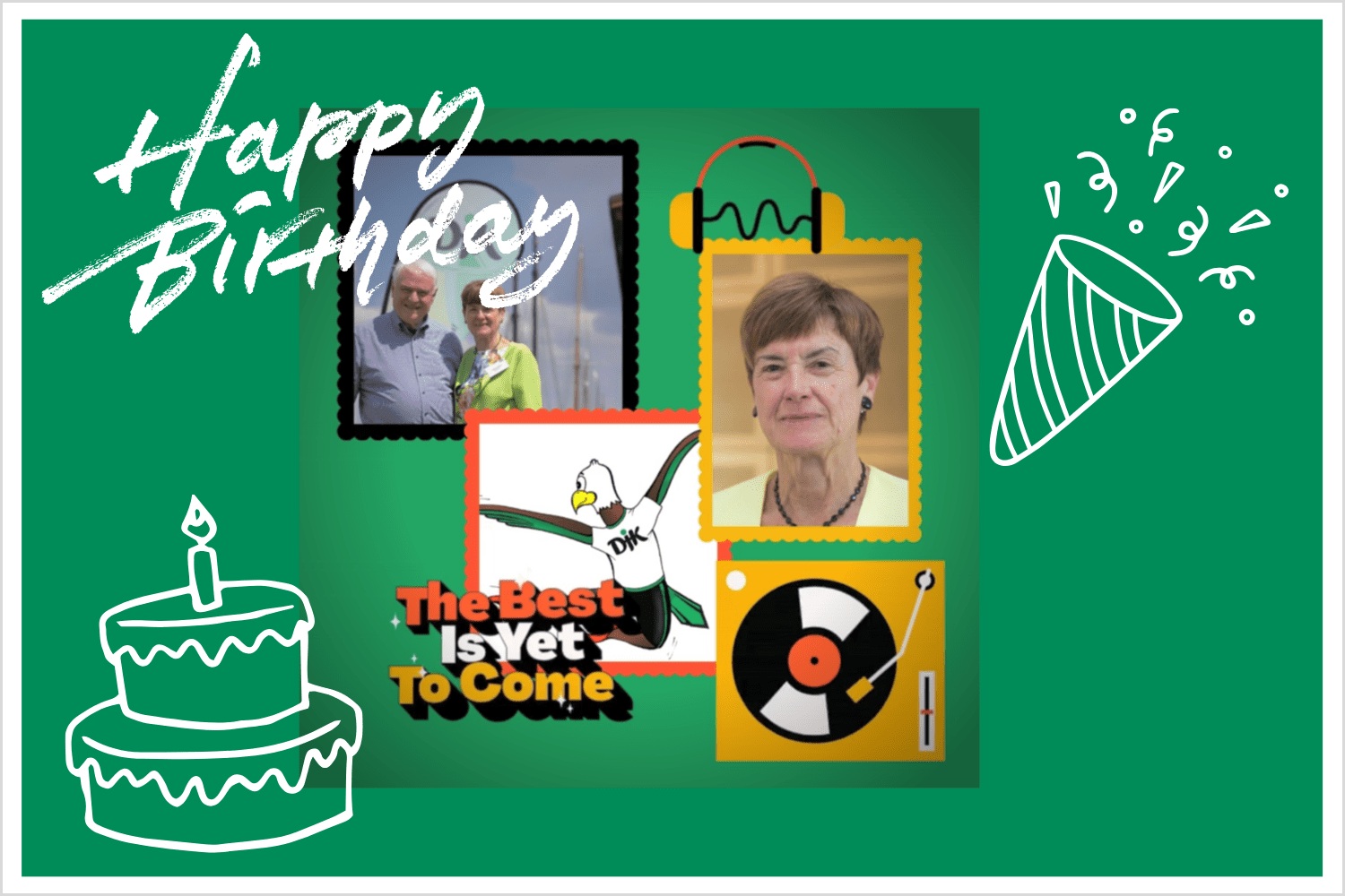 Bunte Collage zum Geburtstag mit Kuchen, Musik, Partyhut und Portr&auml;ts von zwei Personen auf gr&uuml;nem Hintergrund.