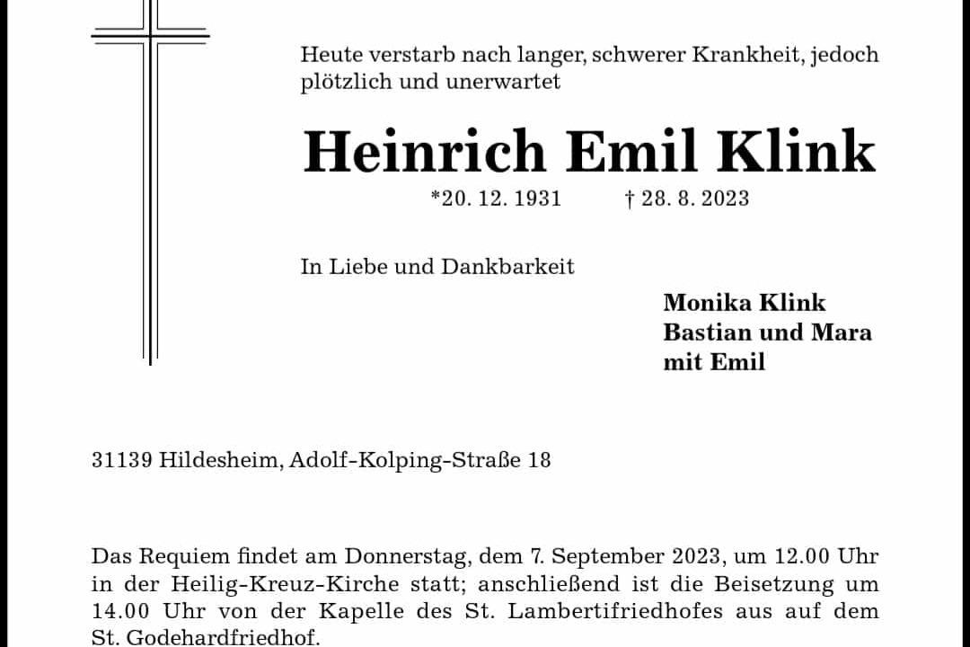 Sterbeanzeige f&uuml;r Heinrich Emil Klink, mit Daten zur Beerdigung in Hildesheim und einem Kreuzsymbol.