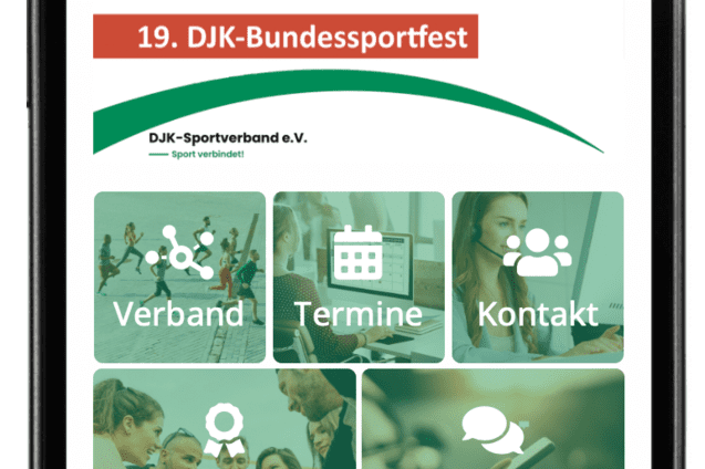 Smartphone-Bildschirm zeigt Werbung f&uuml;r das 19. DJK-Bundessportfest mit Men&uuml;punkten und Kontaktinformationen.