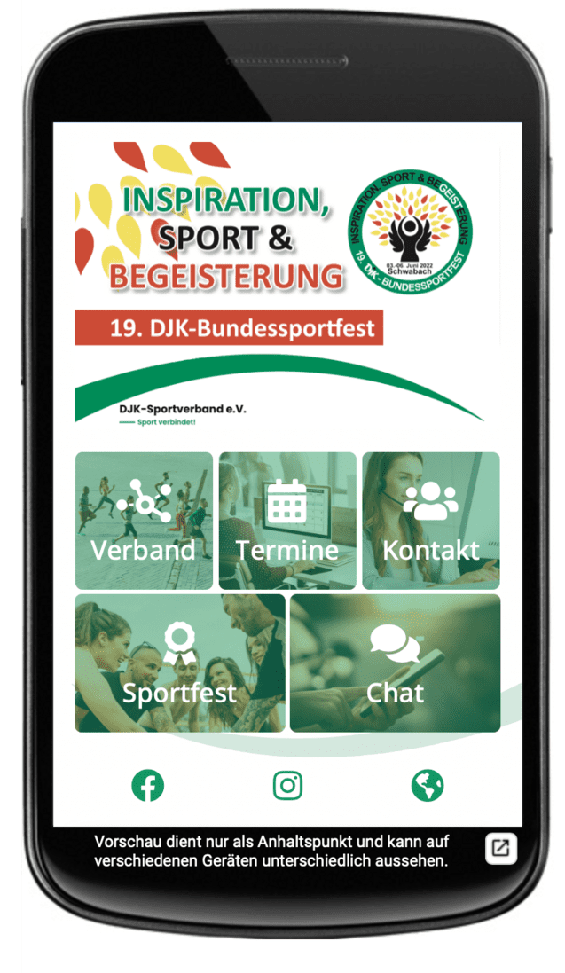 Smartphone-Bildschirm zeigt Werbung f&uuml;r das 19. DJK-Bundessportfest mit Men&uuml;punkten und Kontaktinformationen.