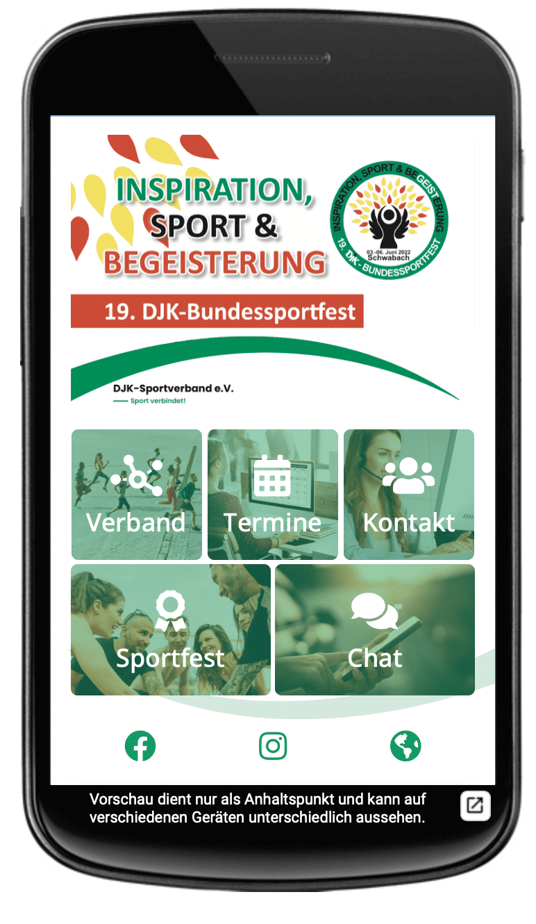 Smartphone-Bildschirm zeigt Werbung f&uuml;r das 19. DJK-Bundessportfest mit Men&uuml;punkten und Kontaktinformationen.